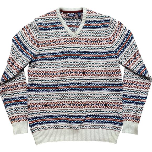 Vintage 90s IZOD Mens XL Grandpa Sweater Fair Isle Cotton Snowflake - Picture 1 of 6